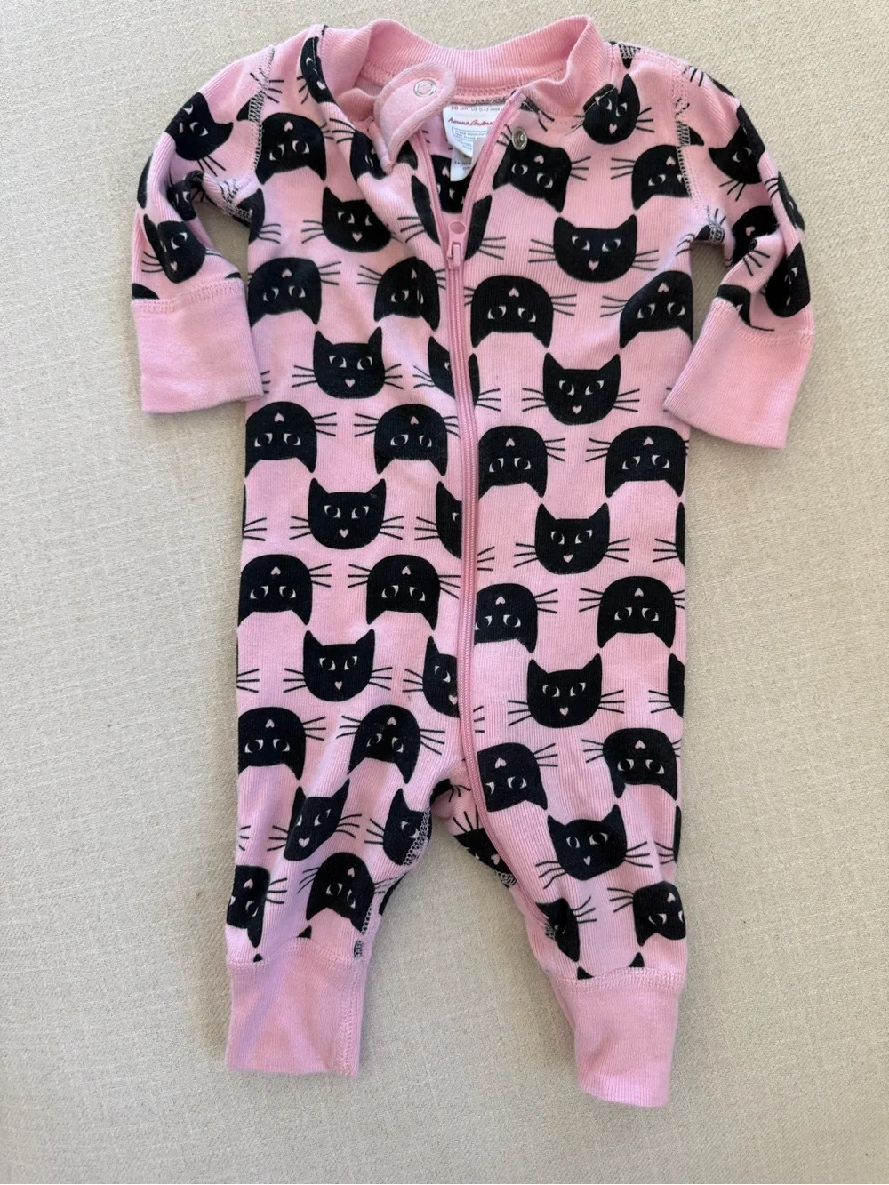 Hanna Andersson pink  cat baby footless onesie baby 0-3months